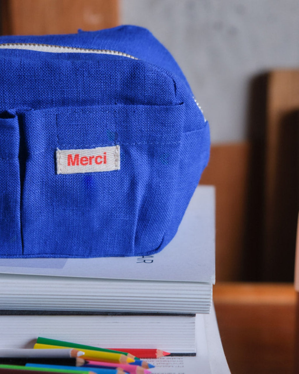 Merci - Trousse En Lin Lavé - Bleu Cobalt 60