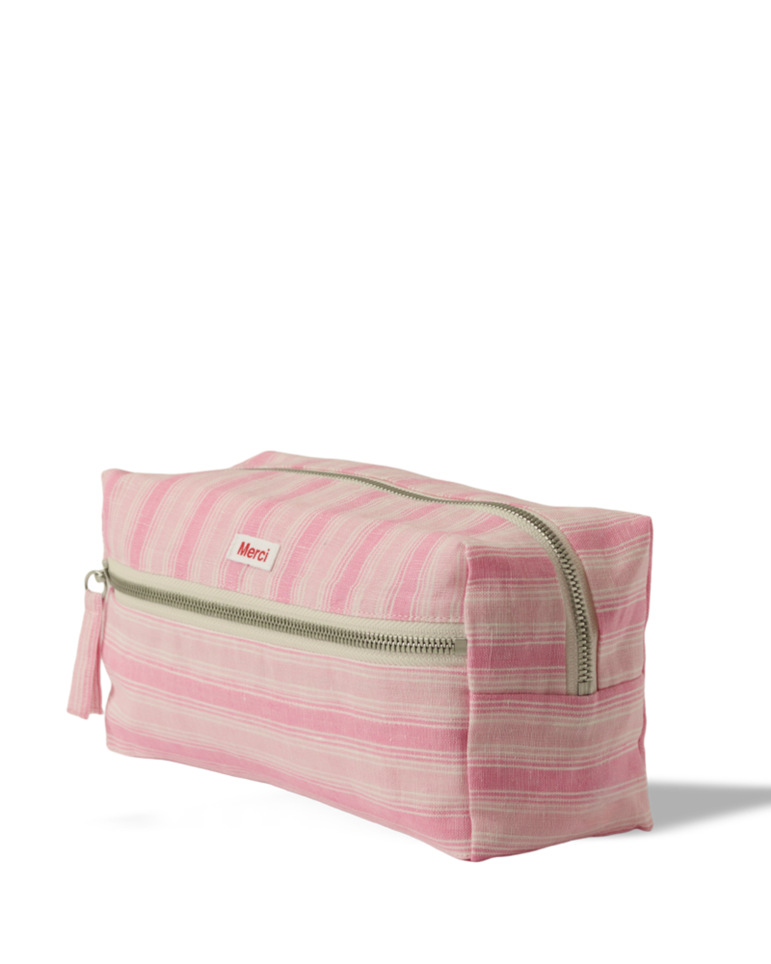 Merci - Trousse De Toilette En Lin Lavé - Rayures Trame Rose