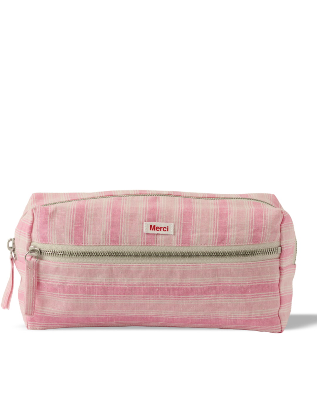 Merci - Trousse De Toilette En Lin Lavé - Rayures Trame Rose
