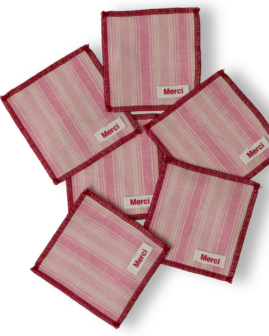 Merci - Set of 6 washed linen coasters - Pink Weft Stripes