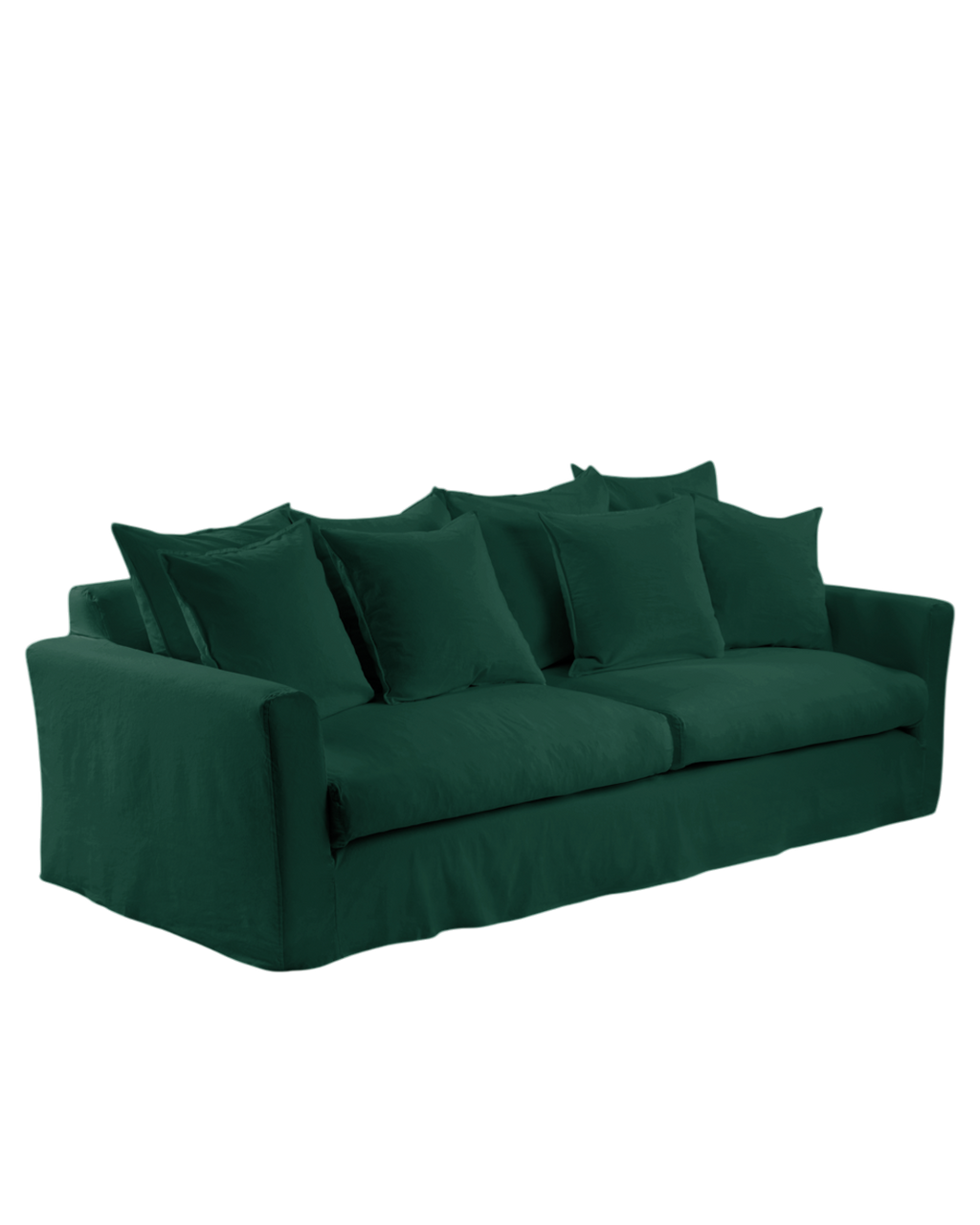 Housse de canapé Merci Paris en tissu vert séquoia avec un aspect froissé naturel et des coussins surpiqués