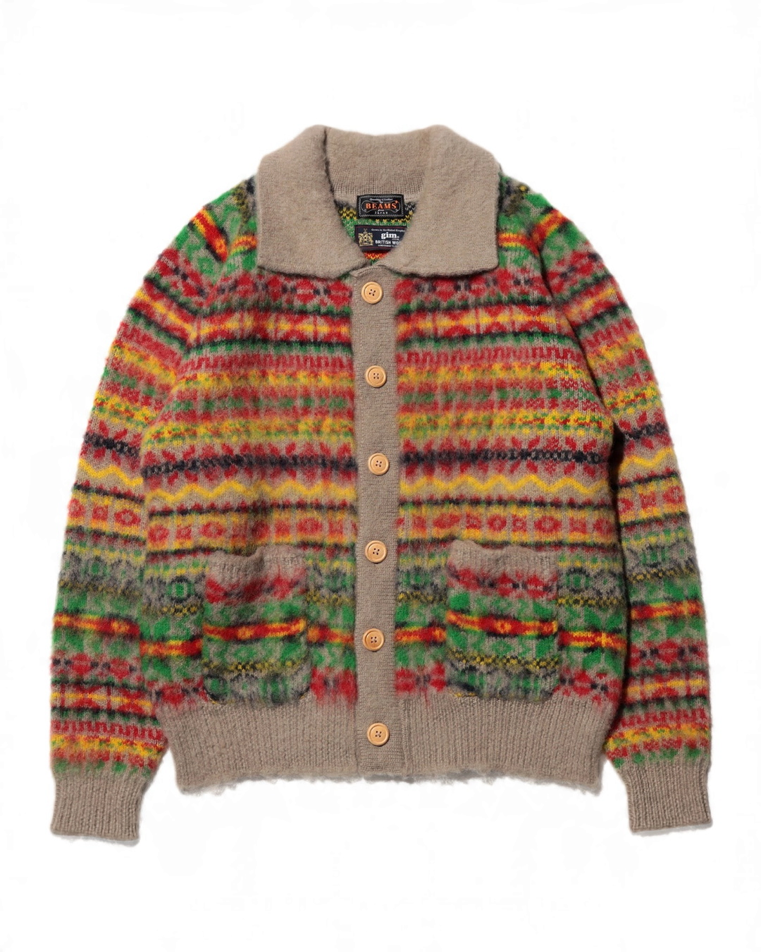 Cardigan Merci Paris Beams Plus en laine brossée à motif Fair Isle multicolore avec col chemise et poches plaquées