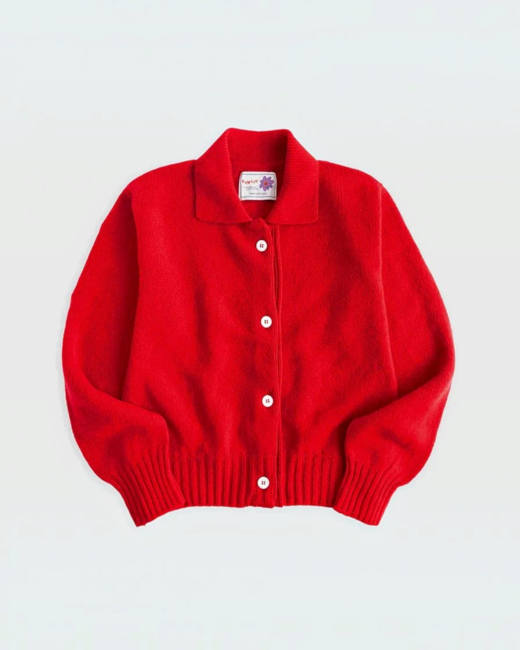 Cardigan rouge Merci Paris Howlin' en laine d'agneau fine avec col polo et boutons en nacre