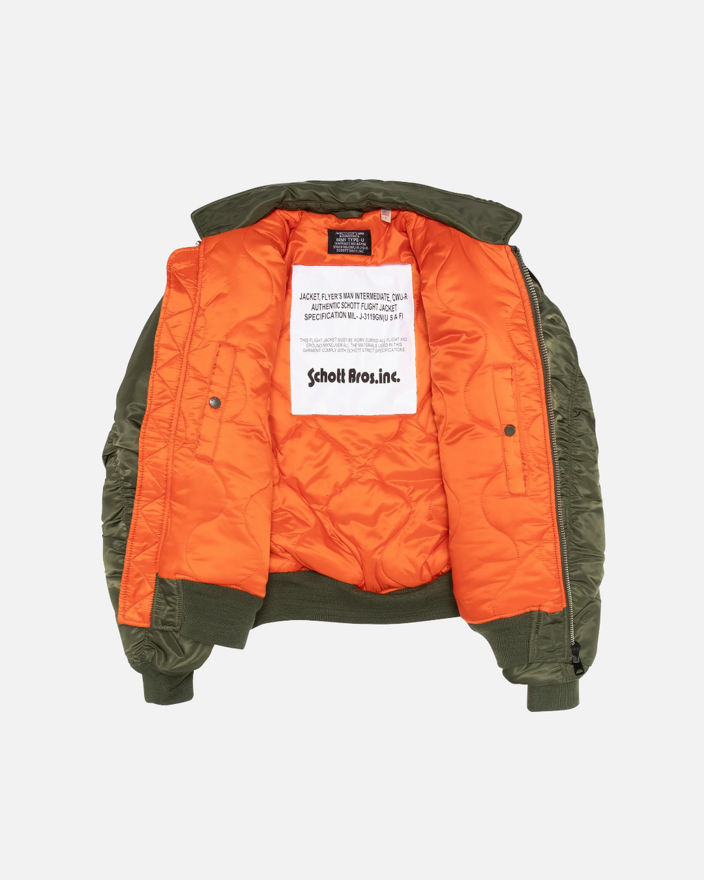 Blouson bomber Merci Paris Schott CWU 90's kaki en nylon recyclé avec doublure orange matelassée et étiquette intérieure