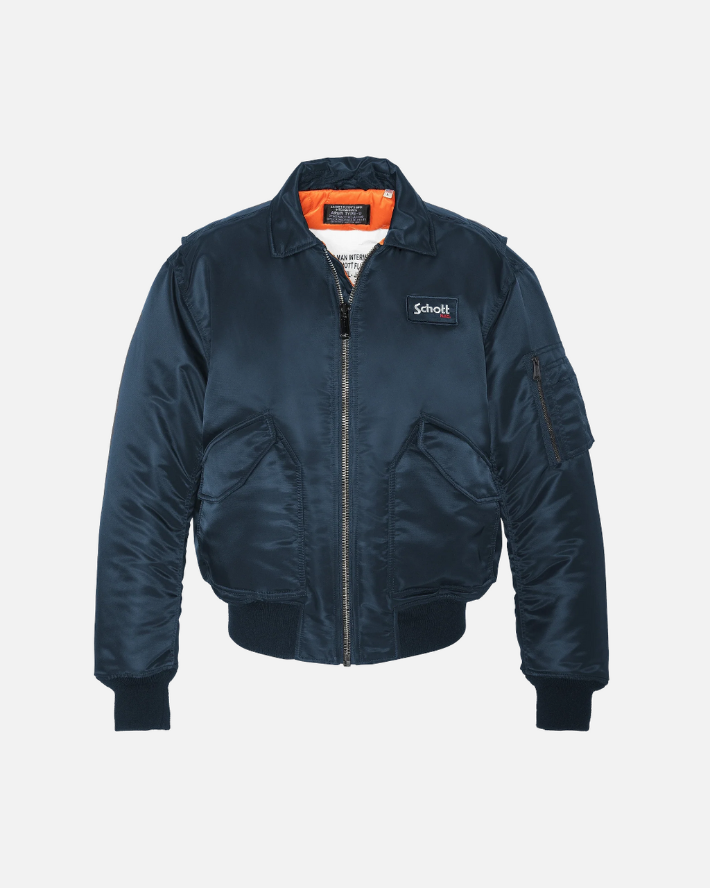 Bomber Schott CWU 90's bleu marine en nylon recyclé avec doublure orange, vendu par Merci Paris