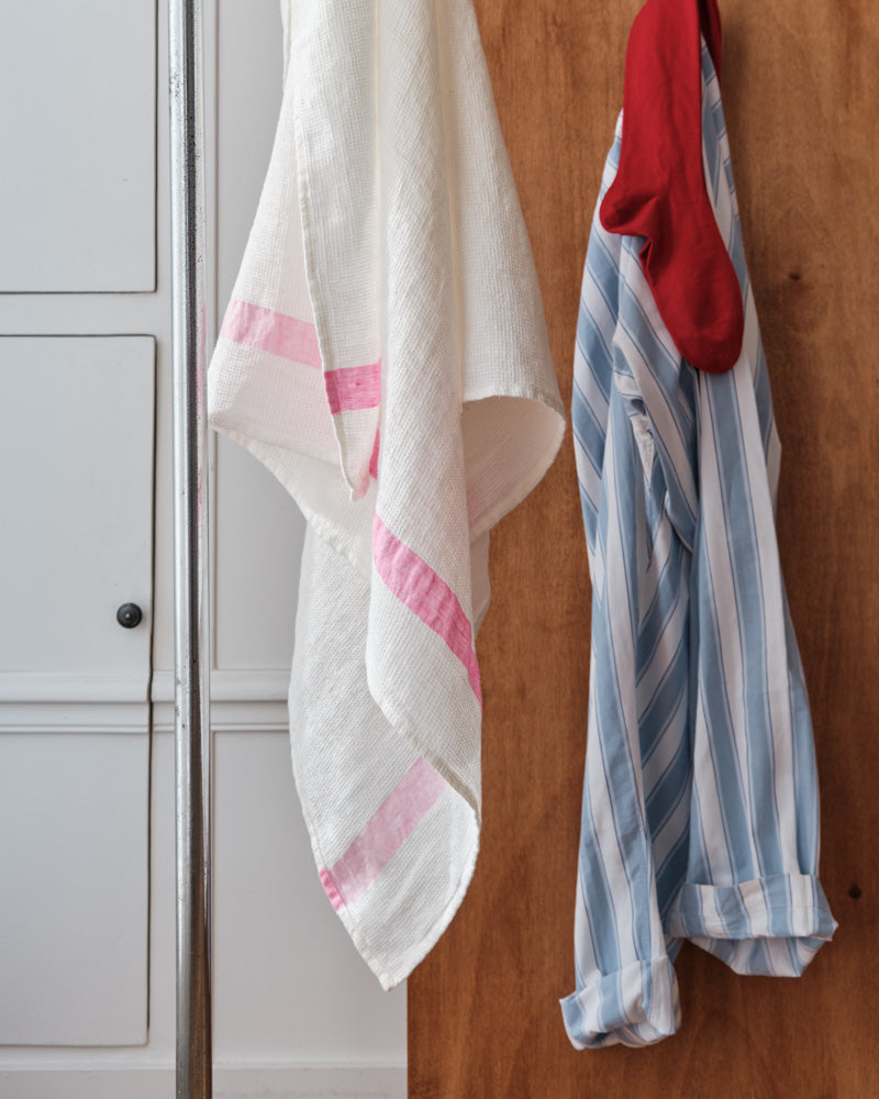 Merci - Linen bath towel - Honeycomb - Stripe Garance Pink
