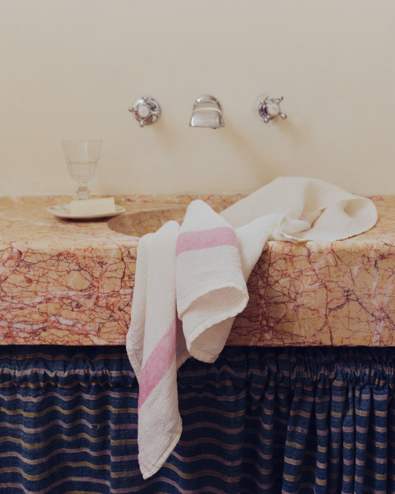 Merci - Serviette De Bain En Lin Nid D'Abeille - Bande Rose Granité