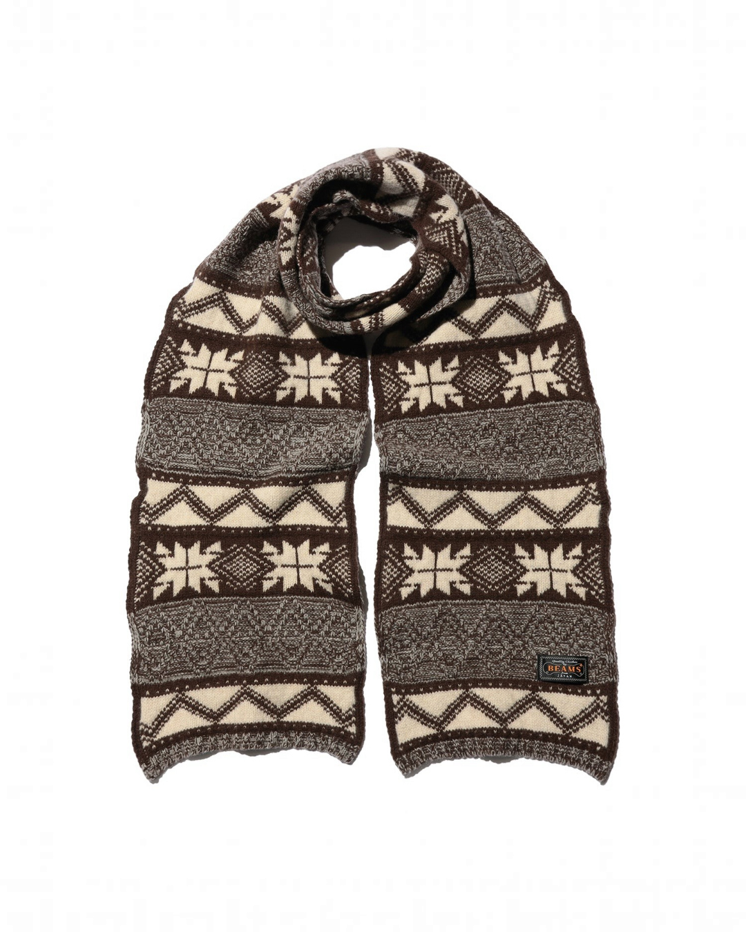 Écharpe Merci Paris Beams Plus en laine marron et beige avec motifs jacquard hivernaux et maille torsadée