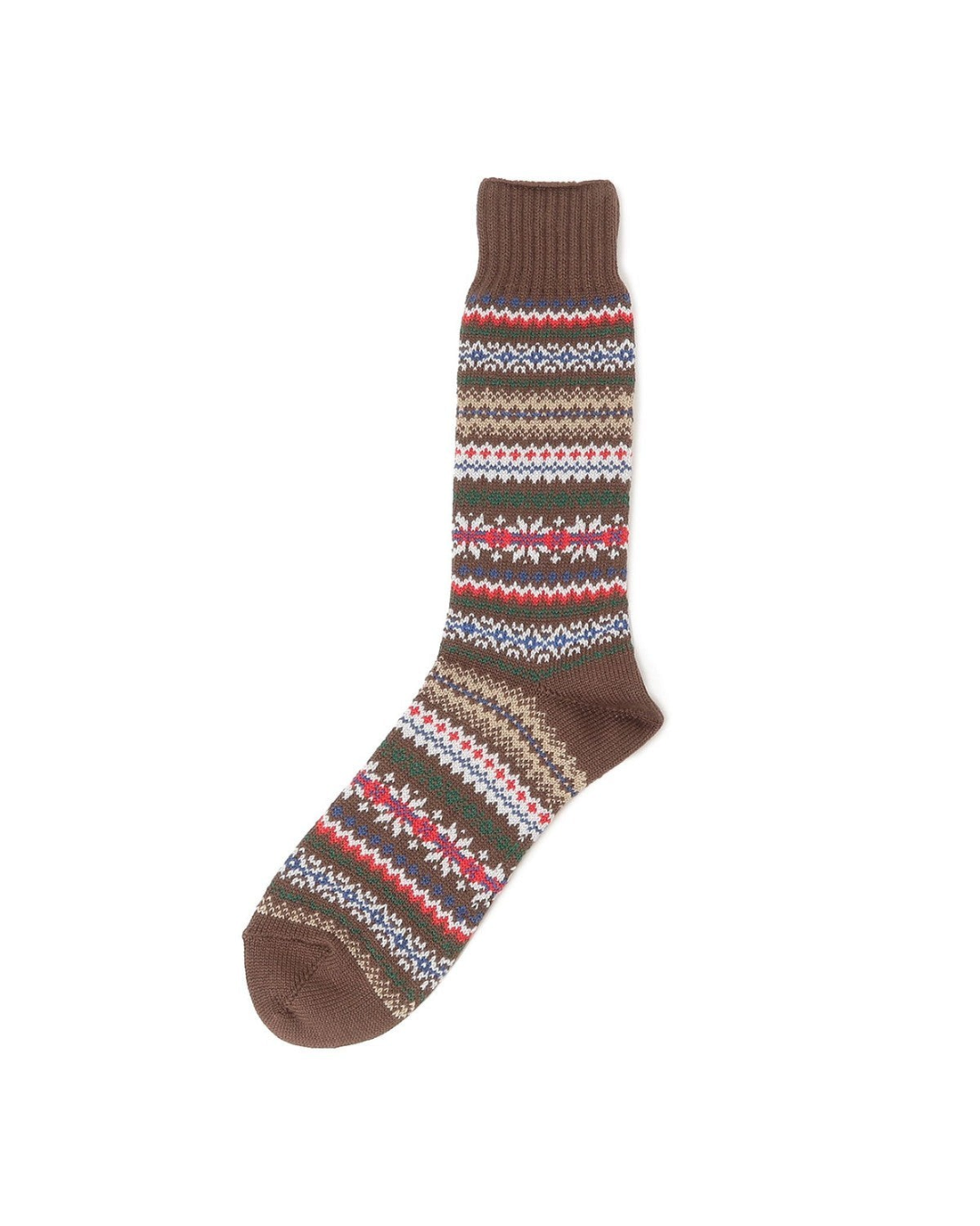 Chaussettes Merci Paris Beams Plus marron à motif Fair Isle traditionnel, fabriquées au Japon en mélange de coton.