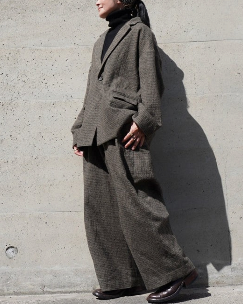 Veste tailleur Merci Paris Dopple & Scent à carreaux moka en mélange coton et laine, coupe ample et décontractée