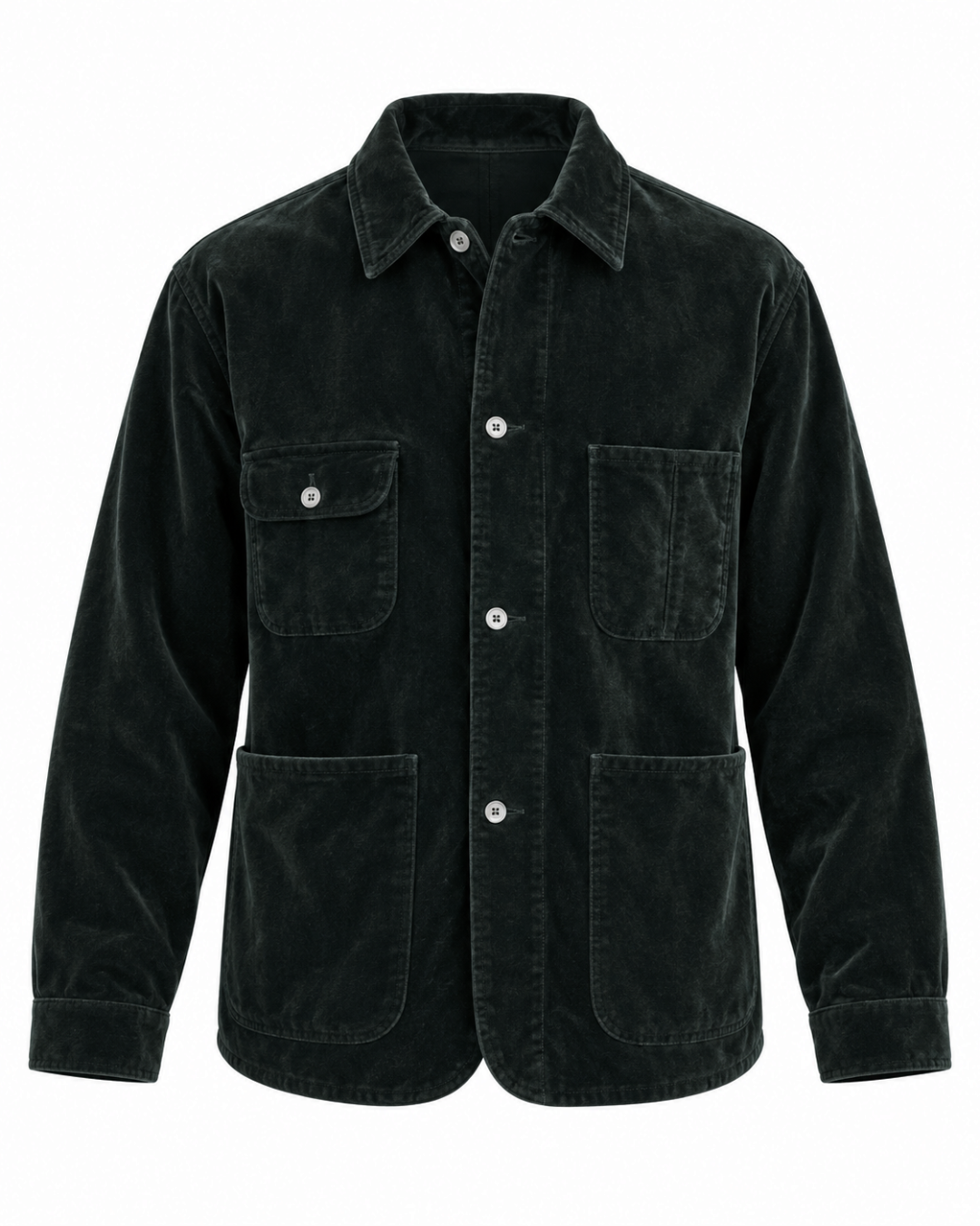 Veste Jackson Merci Paris en velours côtelé vert foncé, style workwear avec poches plaquées et boutons classiques.
