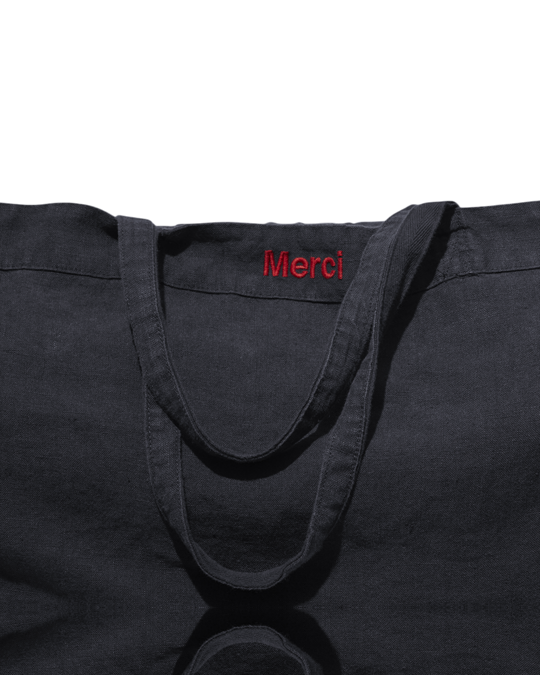 Cabas Merci Paris en lin lavé bleu encre avec broderie rouge et anses robustes