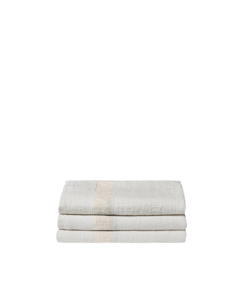 Serviette de bain Merci Paris en lin nid d'abeille blanc avec une bande décorative couleur pierre pliée sur fond noir