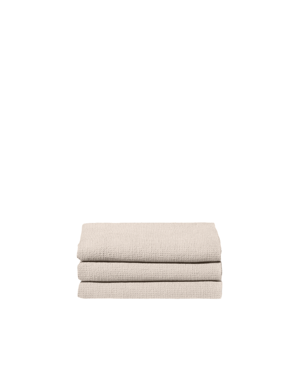 Serviette de bain Merci Paris en lin nid d'abeille couleur pierre pliée en pile sur fond noir