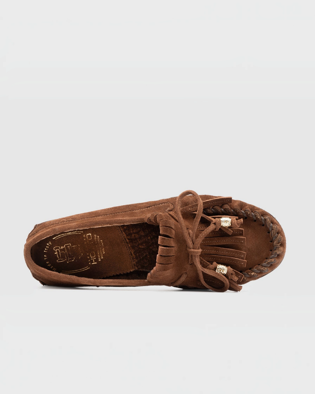 Mocassins Merci Paris Alexander Hotto en daim marron avec franges, lacets décoratifs et semelle en caoutchouc