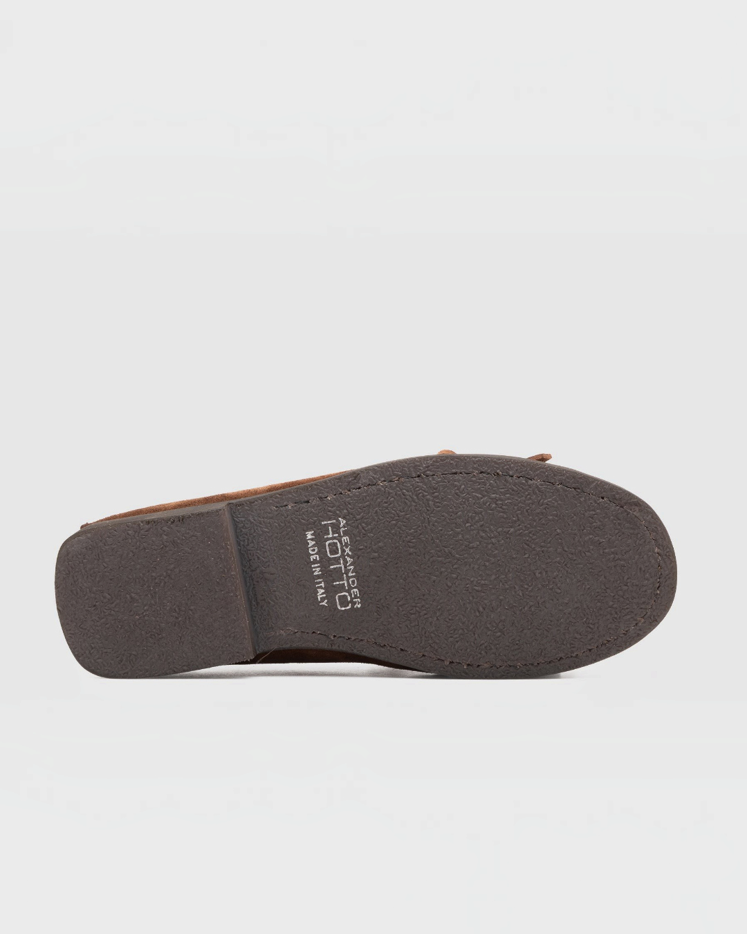 Semelle extérieure en caoutchouc marron de mocassin Merci Paris Alexander Hotto avec logo et inscription Made in Italy