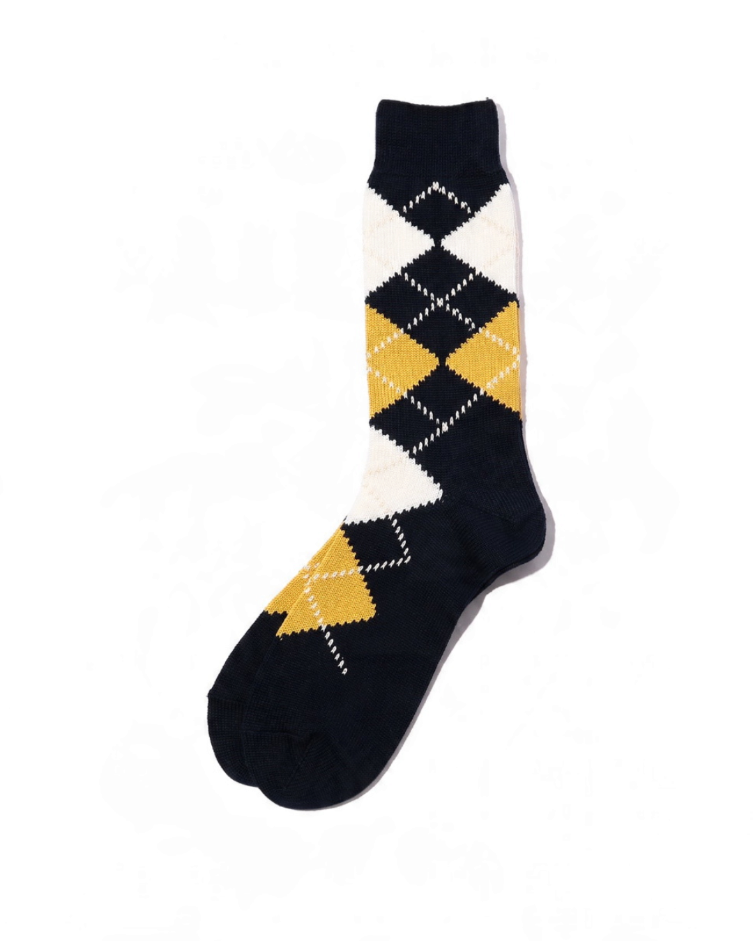 Chaussettes Merci Paris Beams Plus en coton bleu à motif losanges jaune et blanc, style vintage inspiré des années 40