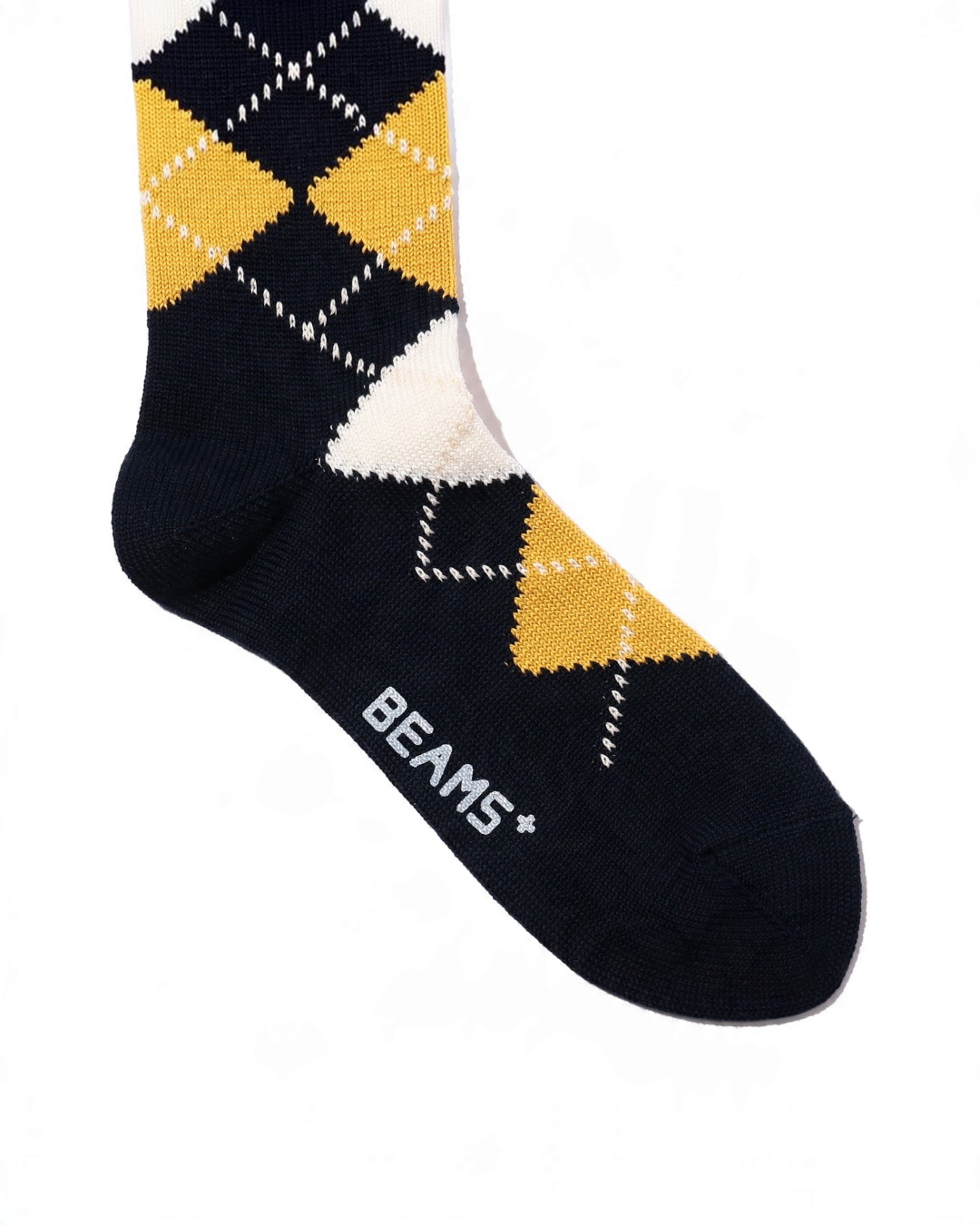 Chaussettes Merci Paris Beams Plus en coton bleu à motif losanges jaune et blanc avec logo brodé
