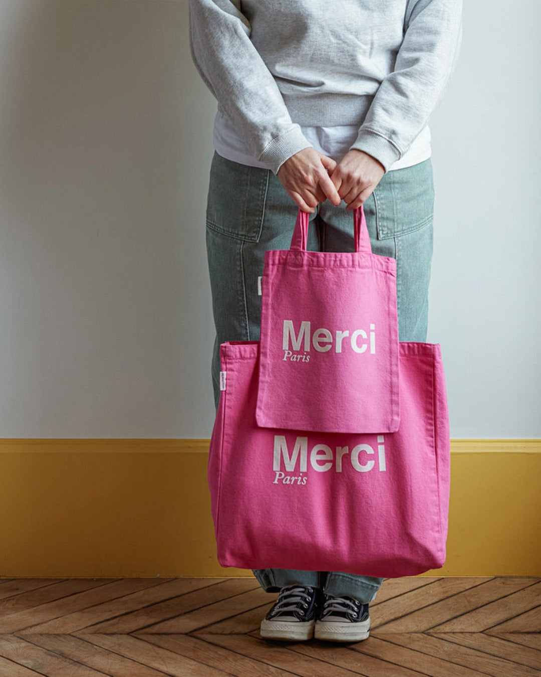 Merci - Cotton Tote Bag - Pink & Ecru