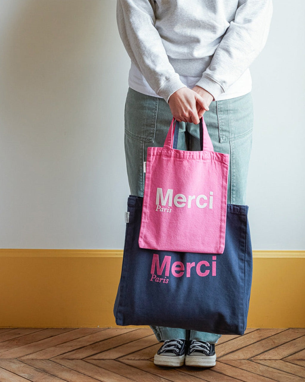 Merci - Tote Bag En Coton - Rose & Écru