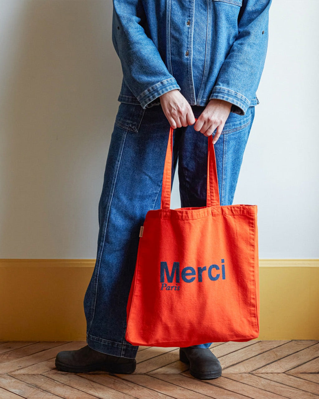 Merci - Cotton Tote Bag - Orange & Navy Blue