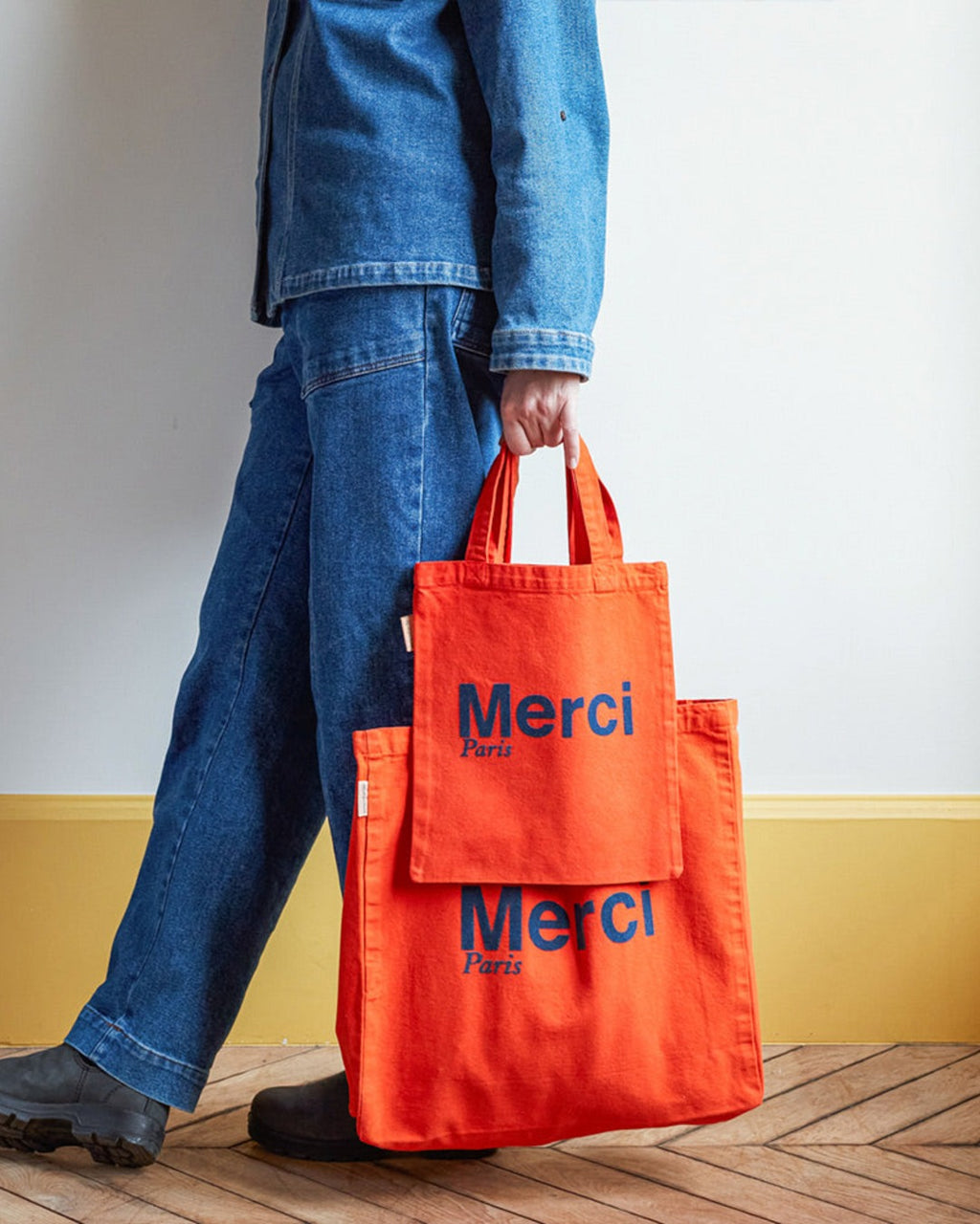 Merci - Cotton Tote Bag - Orange & Navy Blue
