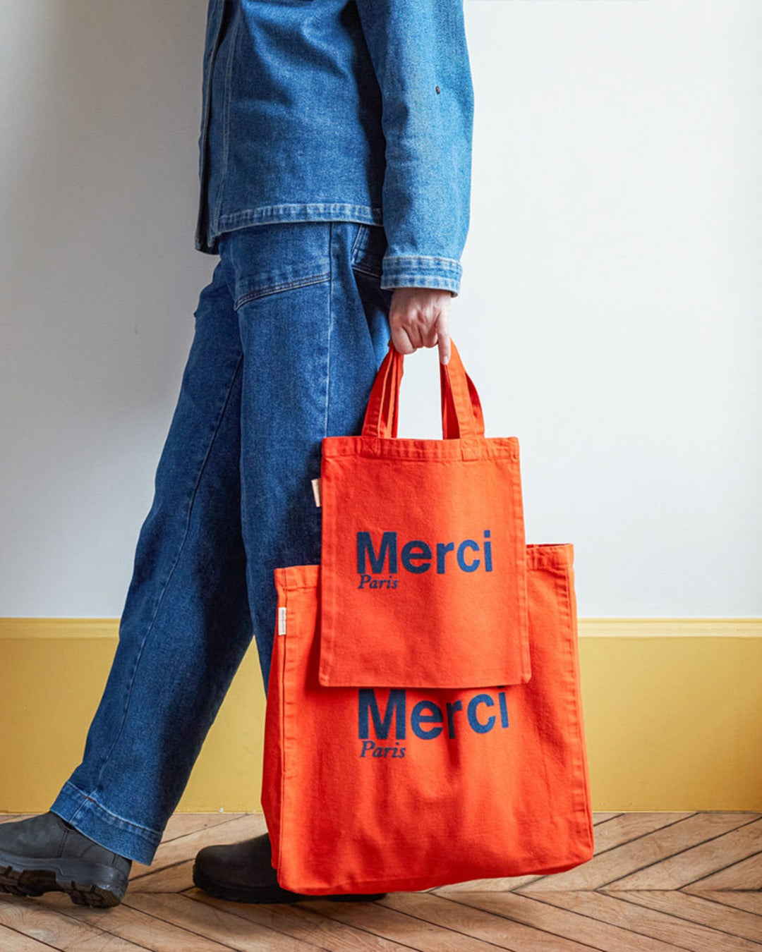 Merci - Cotton Tote Bag - Orange & Navy Blue