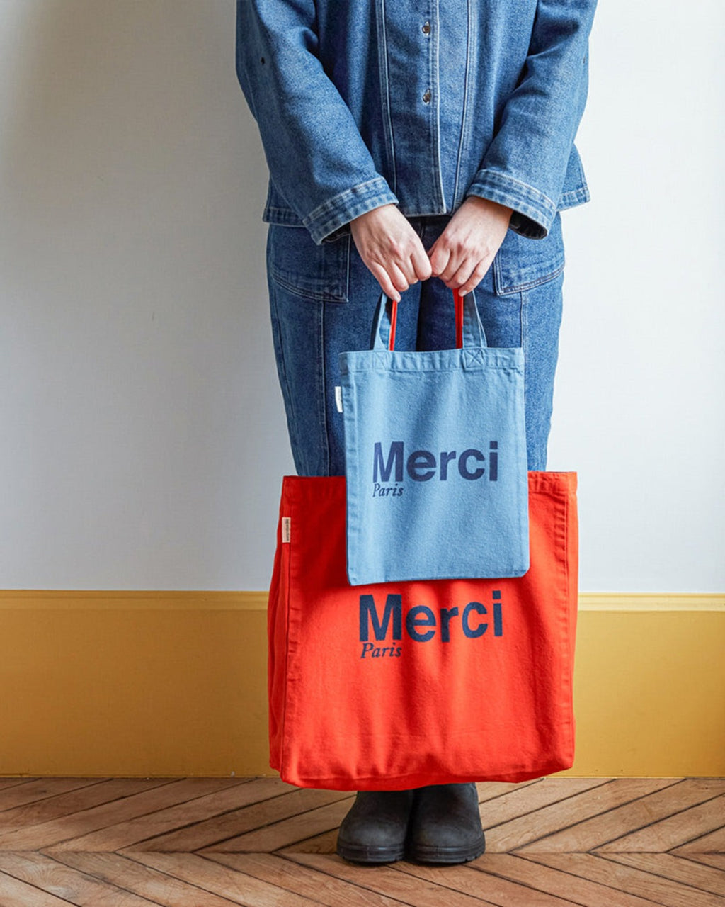 Merci - Cotton Tote Bag - Orange & Navy Blue