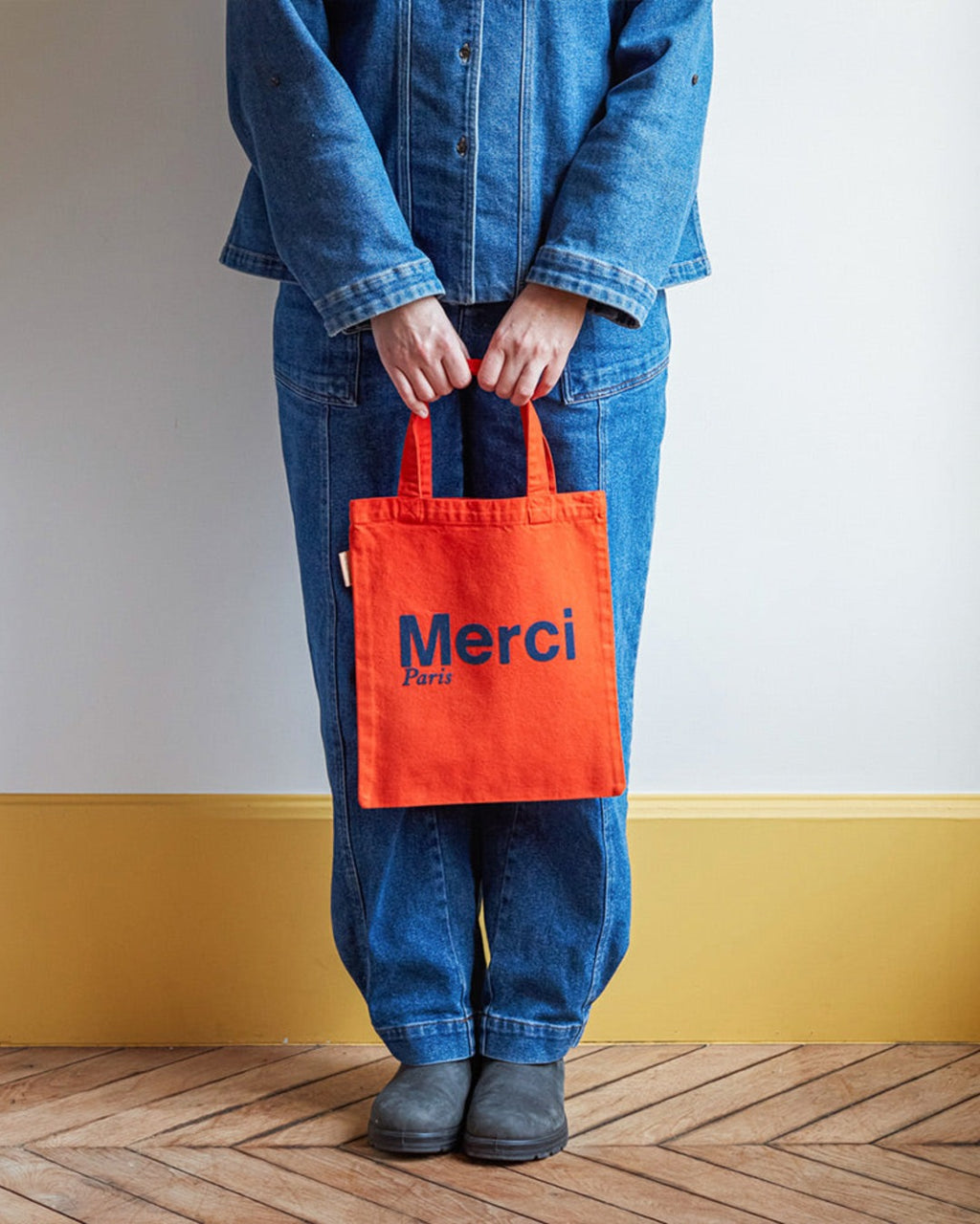 Merci - Cotton Tote Bag - Orange & Navy Blue