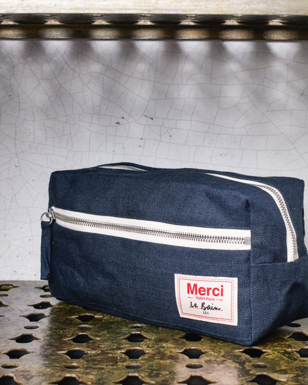 Merci - Trousse De Toilette En Lin Lavé - Bleu Encre