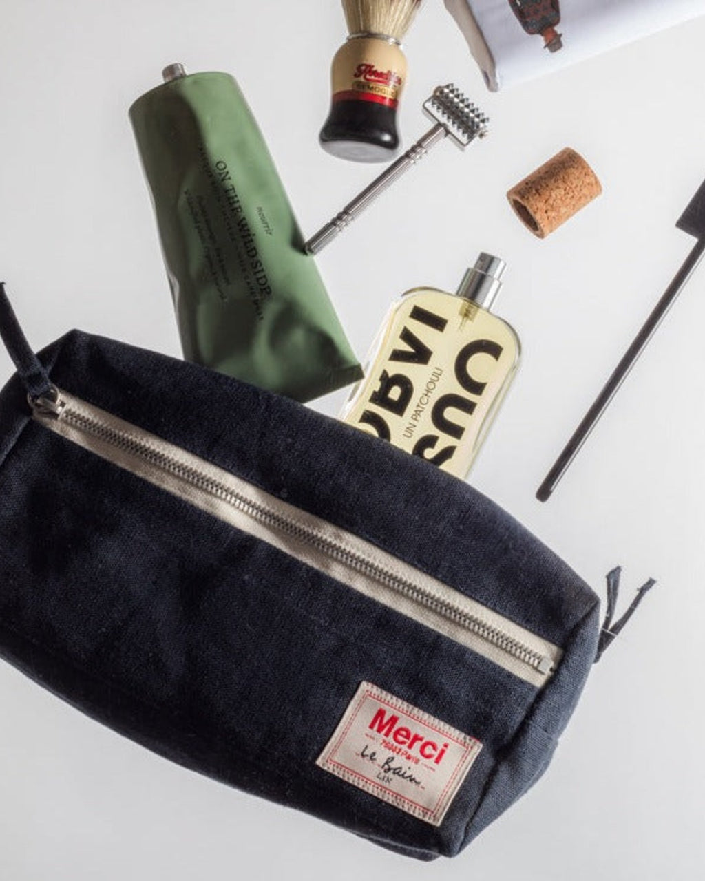 Merci - Trousse De Toilette En Lin Lavé - Bleu Encre
