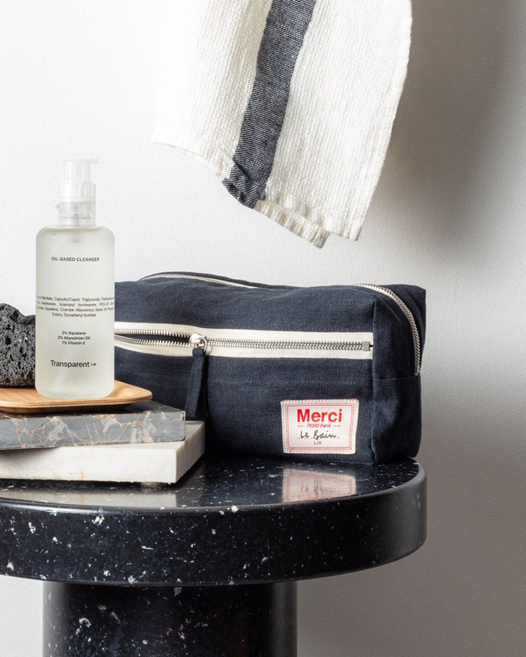Merci - Trousse De Toilette En Lin Lavé - Bleu Encre