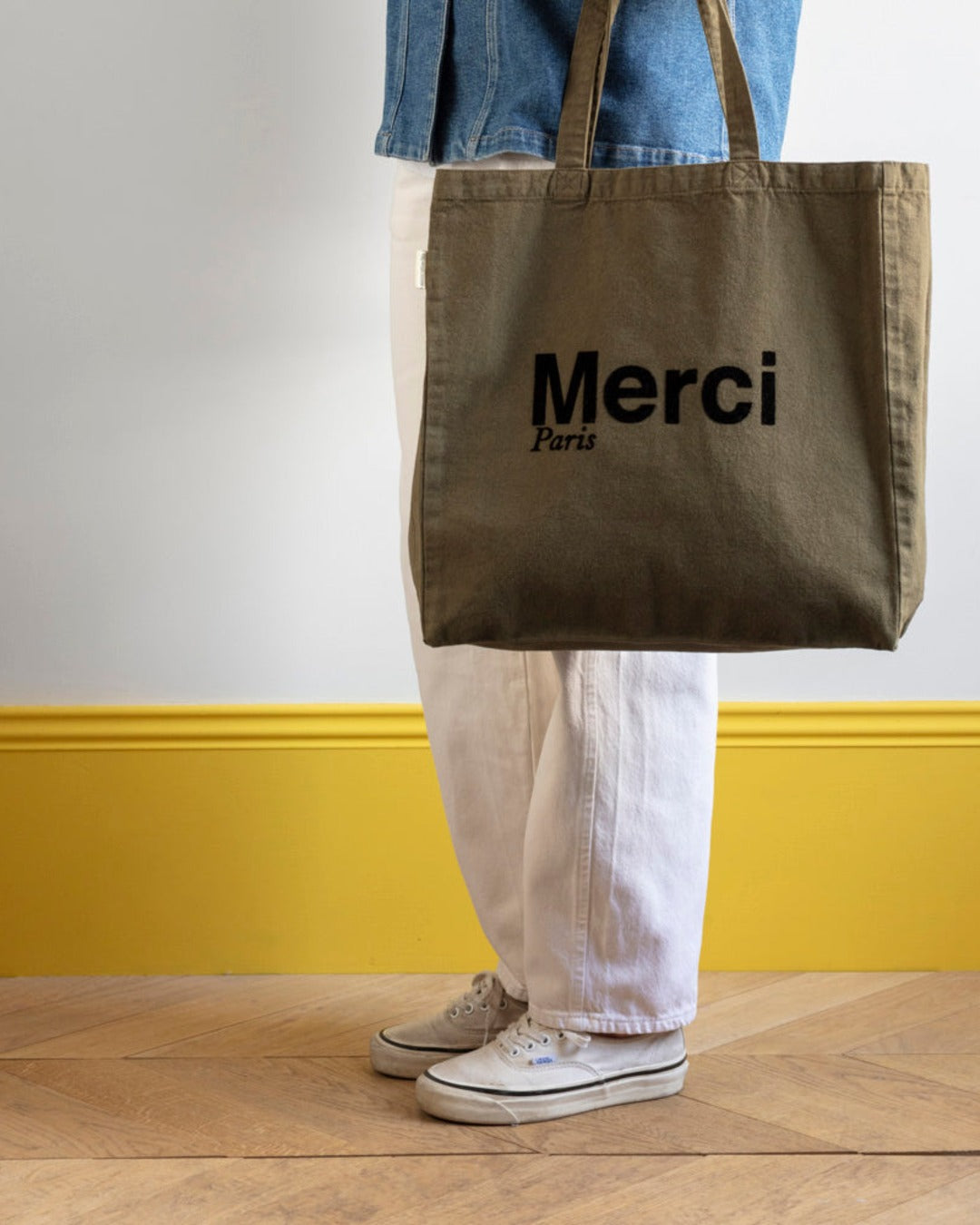 Merci - Cotton Tote Bag - Khaki & Black