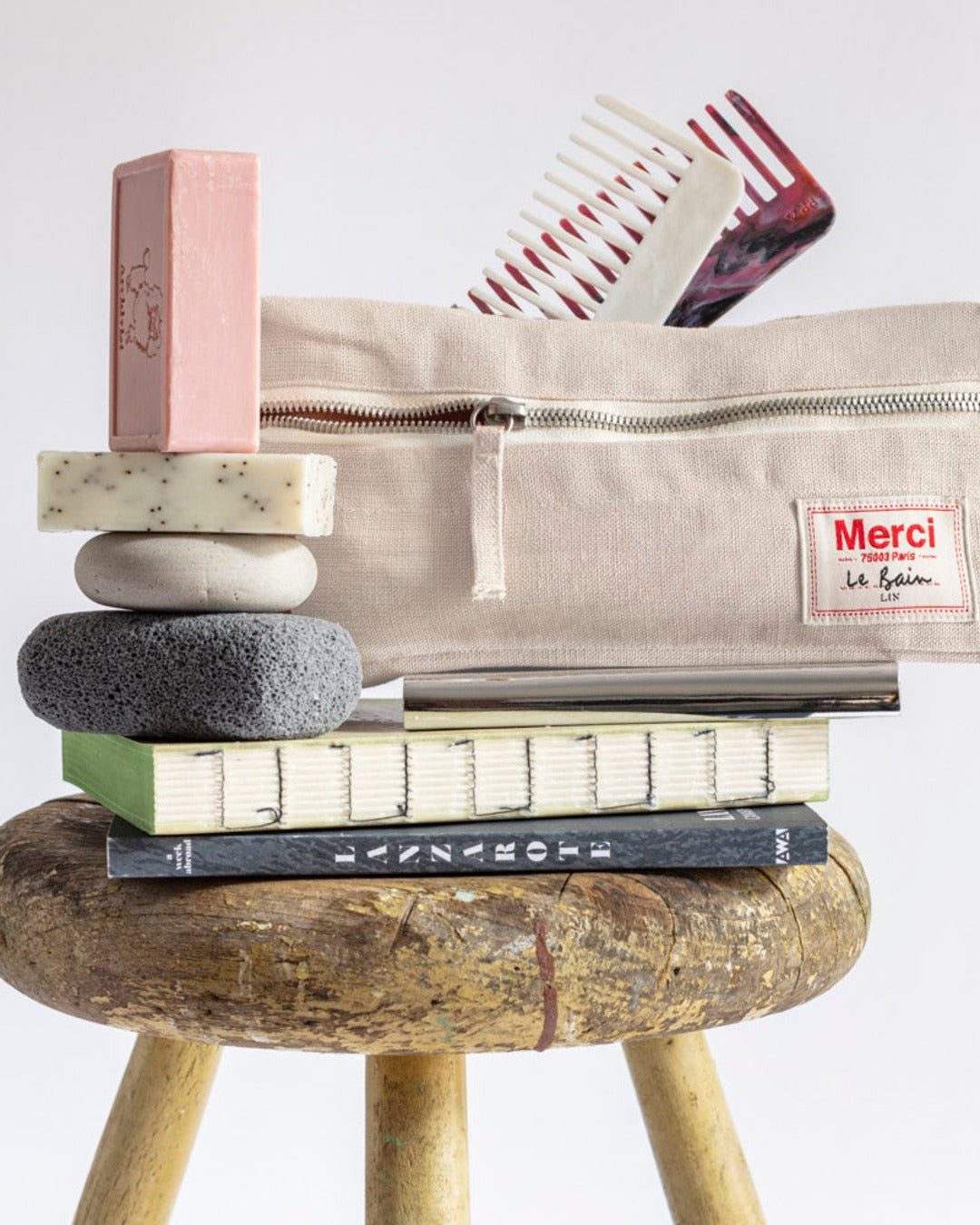 Merci - Trousse De Toilette En Lin Lavé - Pierre