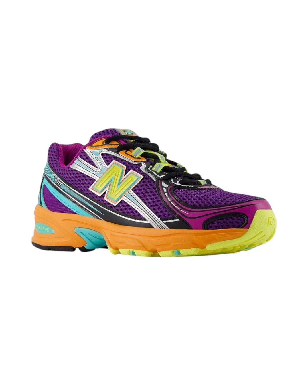 Baskets Merci Paris New Balance 740 violettes, orange et turquoise en mesh avec détails rétro années 90