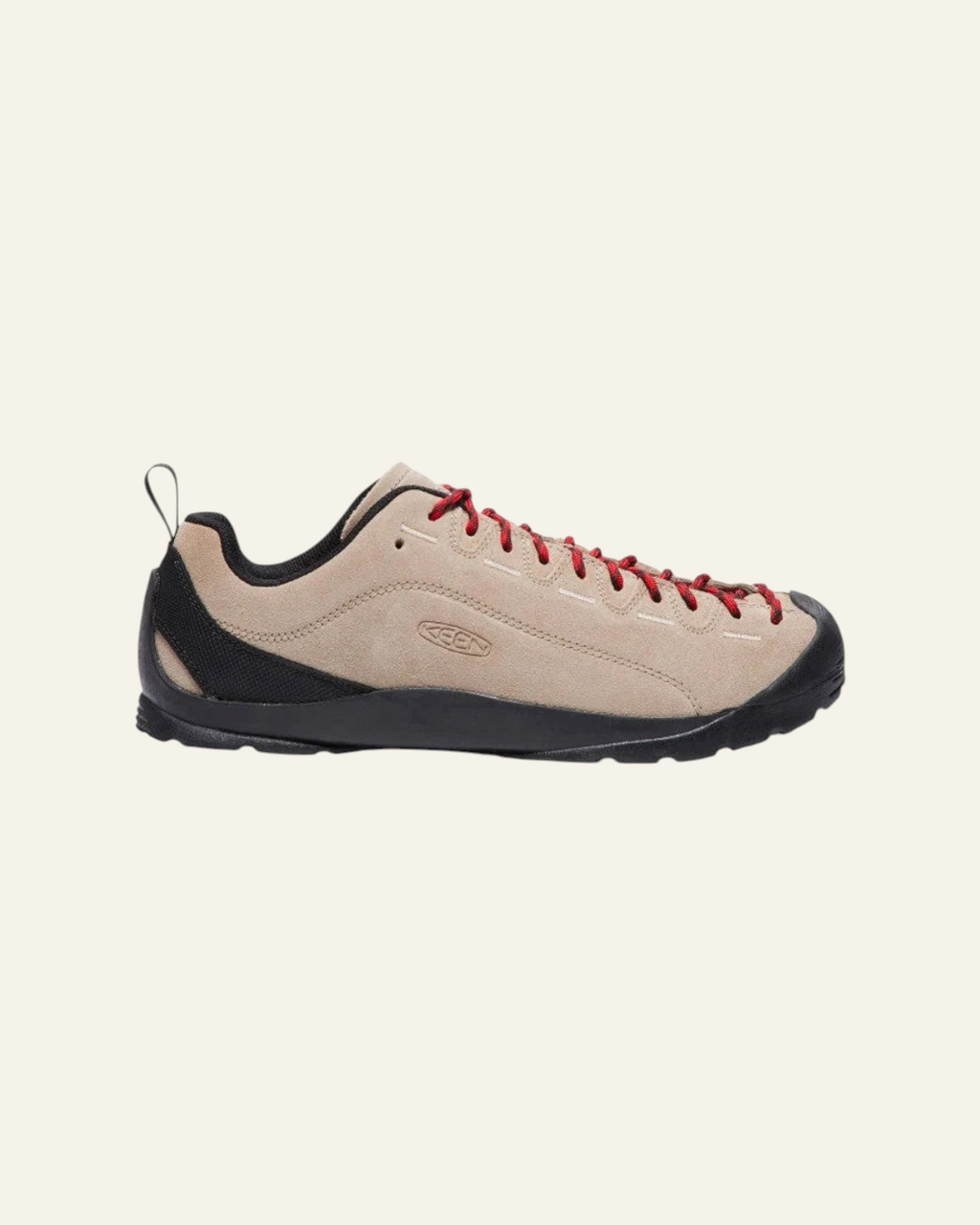 Baskets Keen Jasper Merci Paris en cuir suédé beige avec lacets rouges et semelle noire robuste