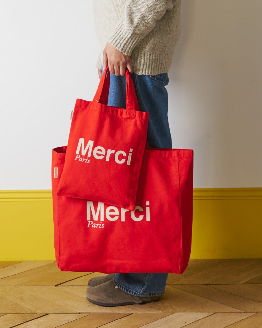 Merci - Cotton Tote Bag - Red & Ecru