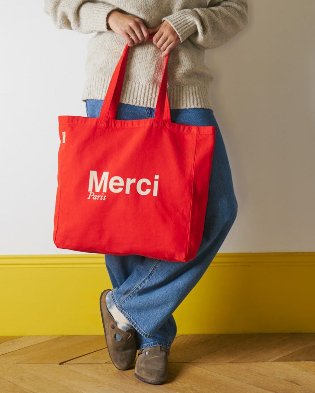 Merci - Cotton Tote Bag - Red & Ecru