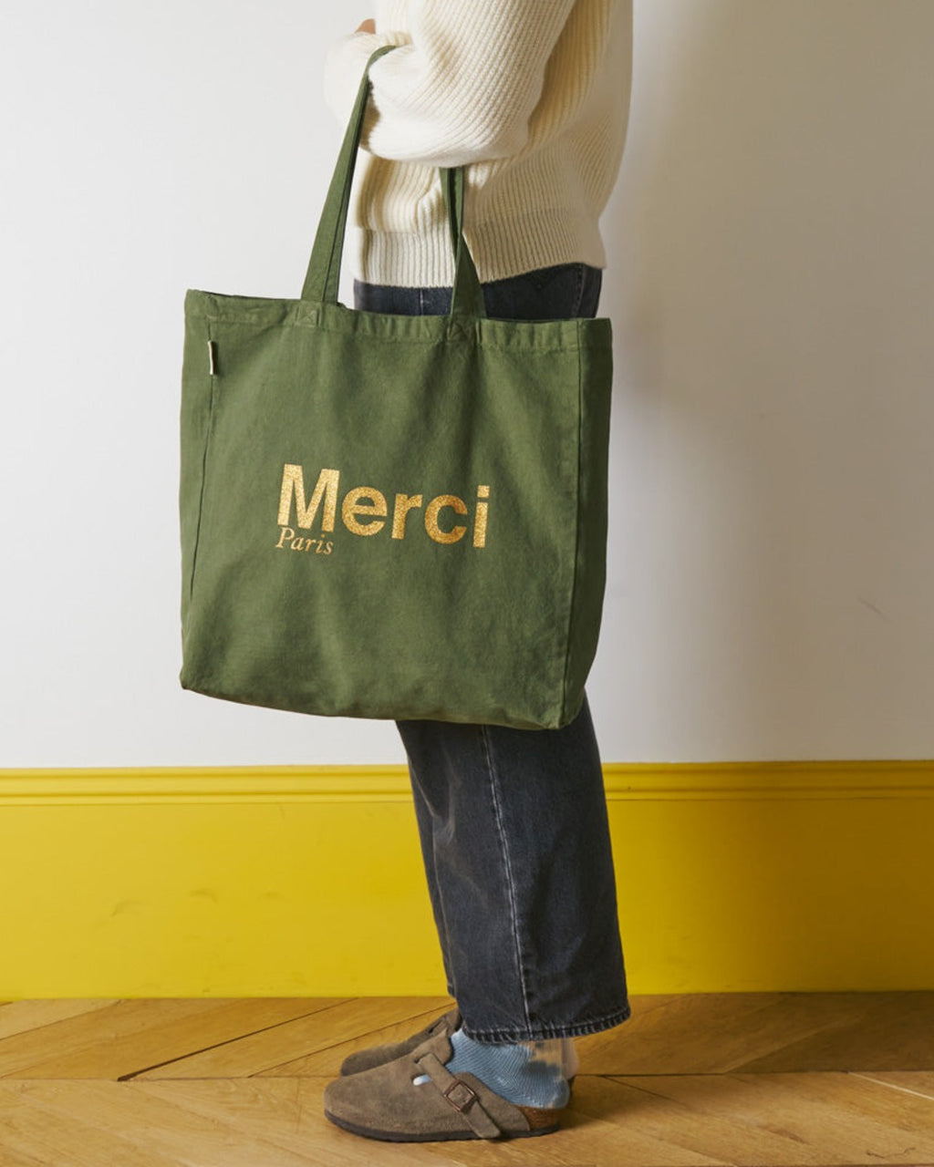 Merci - Tote Bag En Coton - Kaki & Doré