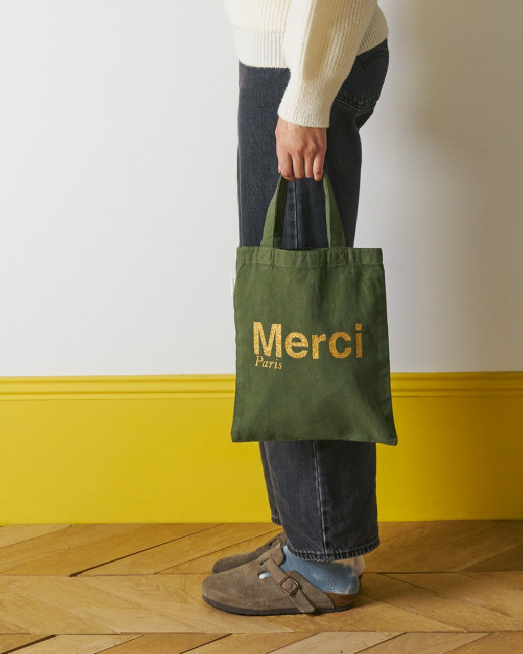 Merci - Tote Bag En Coton - Kaki & Doré
