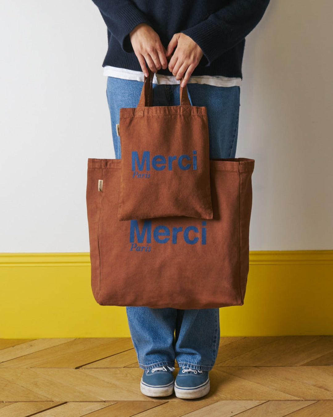 Merci - Cotton Tote Bag - Brown & Navy