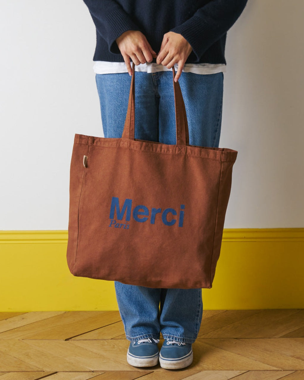 Merci - Cotton Tote Bag - Brown & Navy
