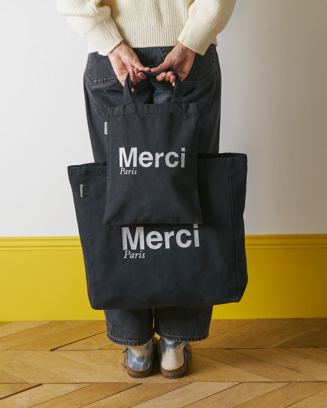 Merci - Cotton Tote Bag - Black & Silver