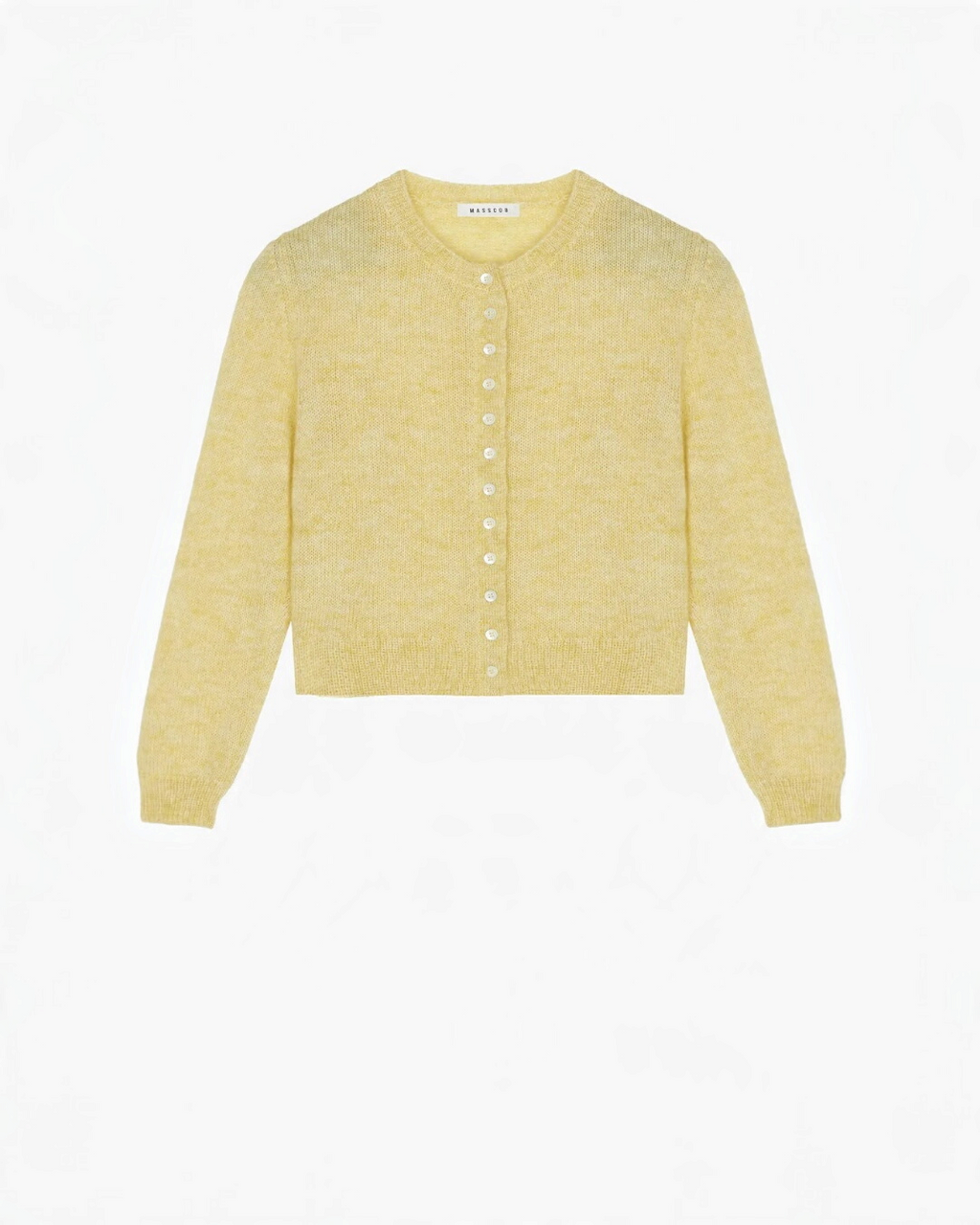 Cardigan court Merci Paris Masscob en maille duveteuse jaune citron, mélange de mohair et laine mérinos