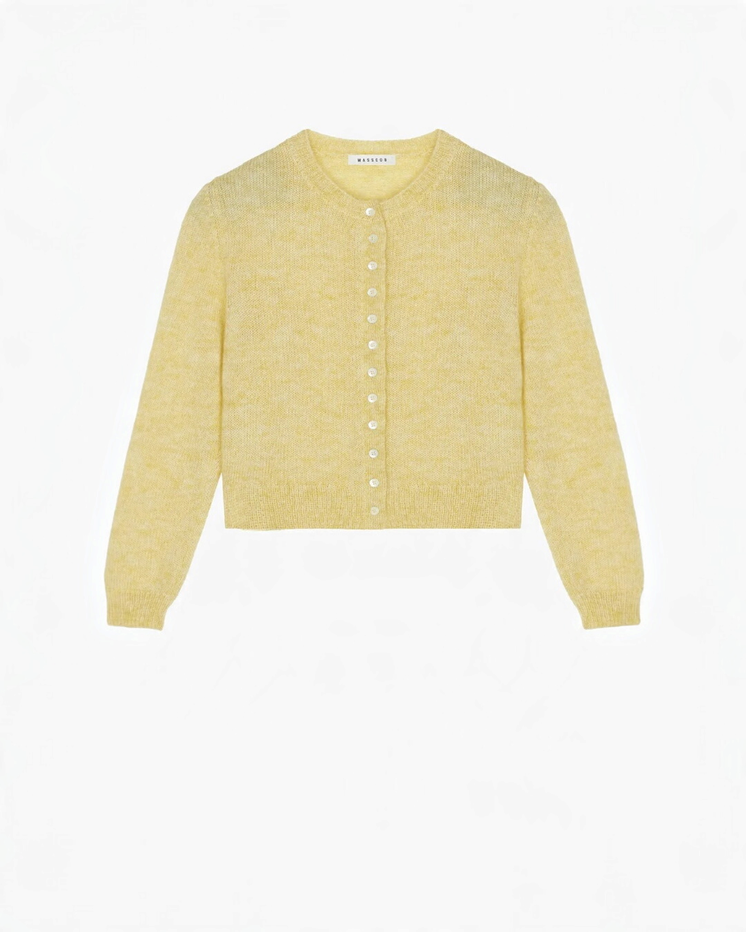 Cardigan court Merci Paris Masscob en maille duveteuse jaune citron, mélange de mohair et laine mérinos