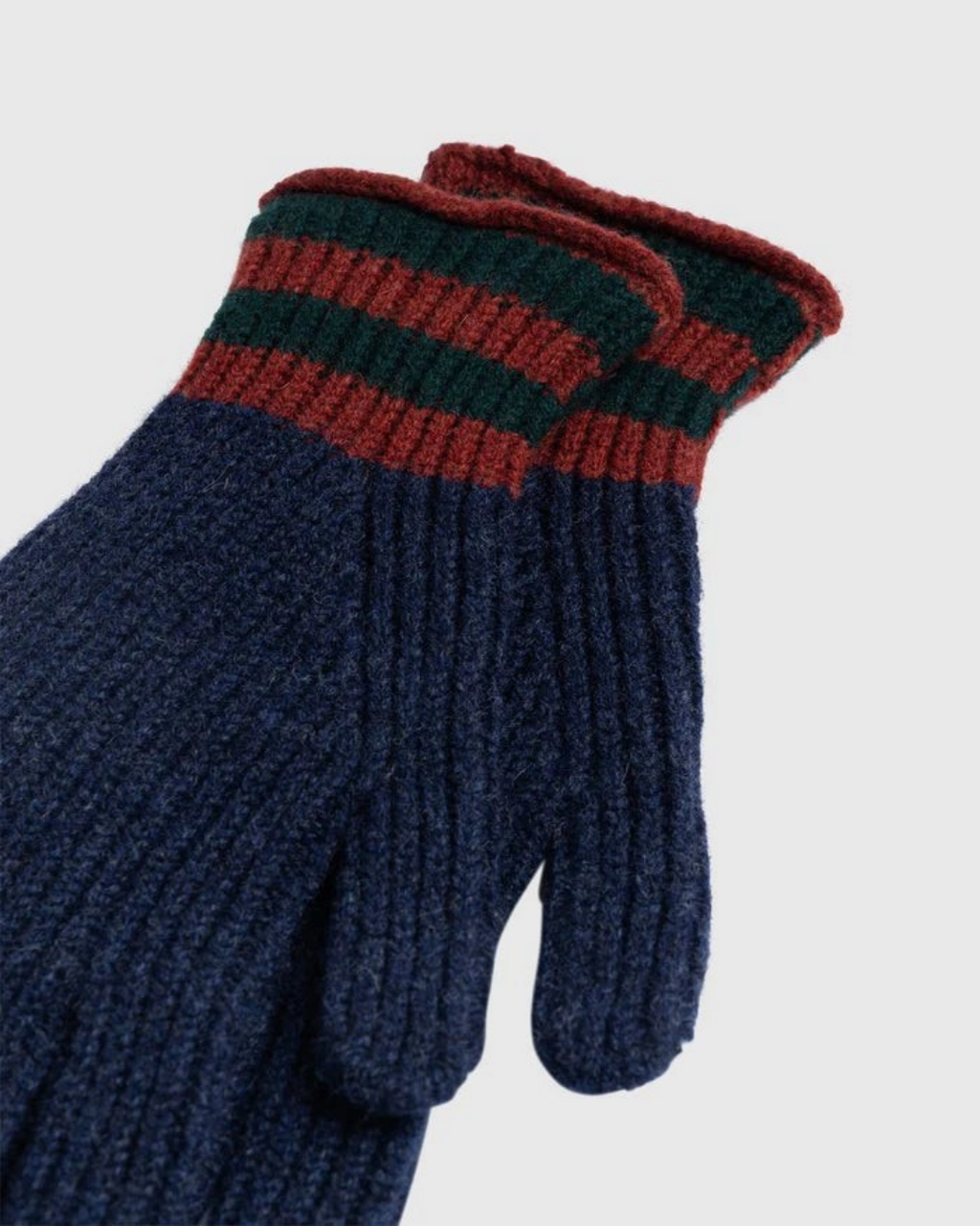 Gants Merci Paris Howlin' en laine d'agneau bleu marine avec maille côtelée et poignets rayés rouge et vert