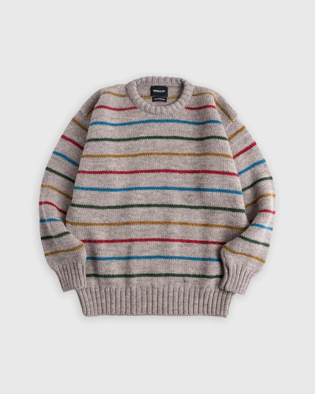 Pull Merci Paris Howlin' Six Blade en laine et mohair gris avec rayures multicolores et coupe oversize