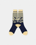 Socks Merci Paris Babaco in wool bleu marine and cream with jacquard pattern mountain landscape