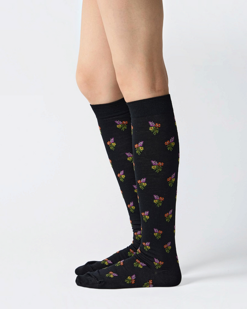 High socks Merci Paris Babaco black wool and nylon with pattern of small bouquets of colorful flowers