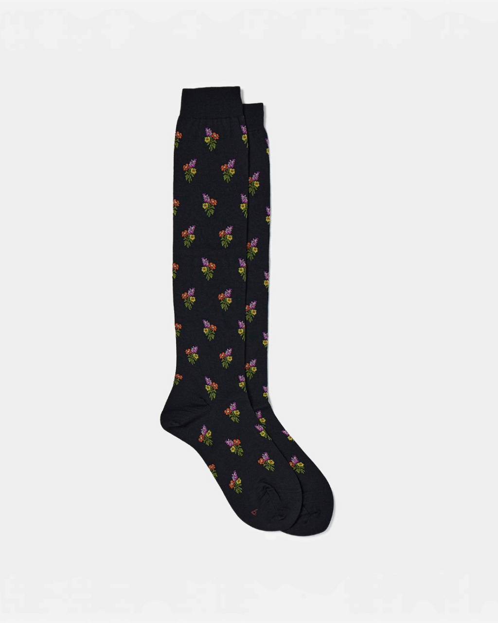 Chaussettes hautes Merci Paris Babaco en laine noire avec motif floral de petits bouquets colorés